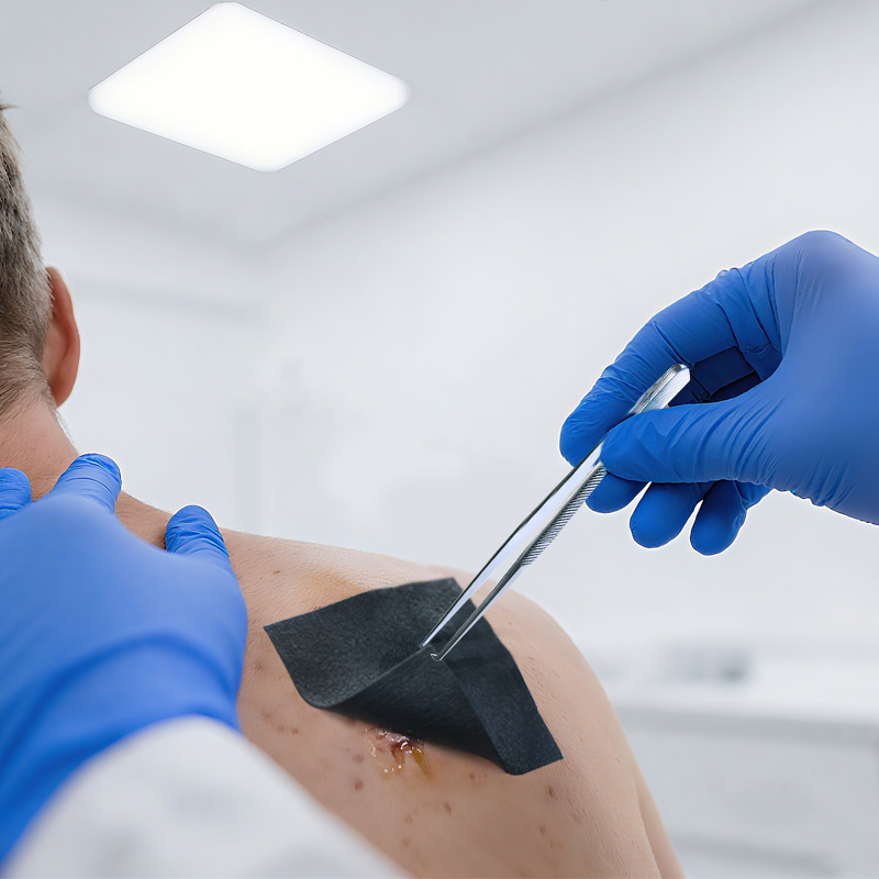 Activated charcoal in dressing absorbs and traps unpleasant wound odors