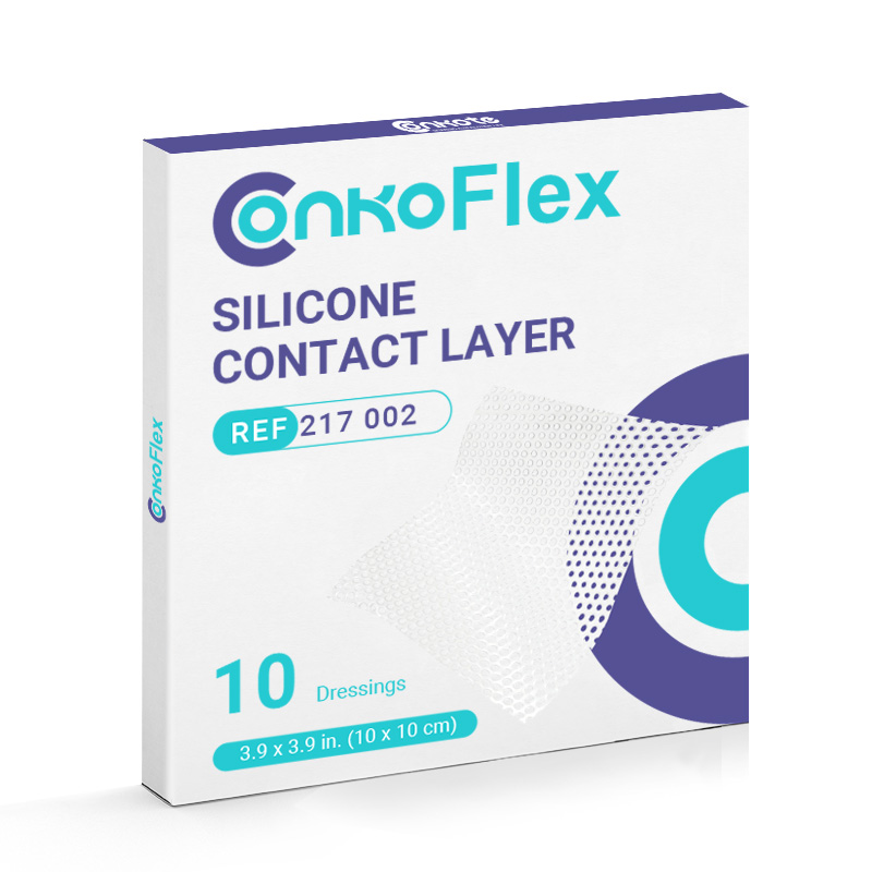 Packaging of Silicone Contact Layer with single-sided silicone adhesive for wound protection
