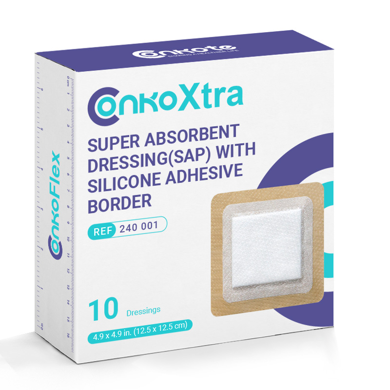 Packaging of Super Absorbent Dressing (SAP) with skin-colored silicone adhesive border