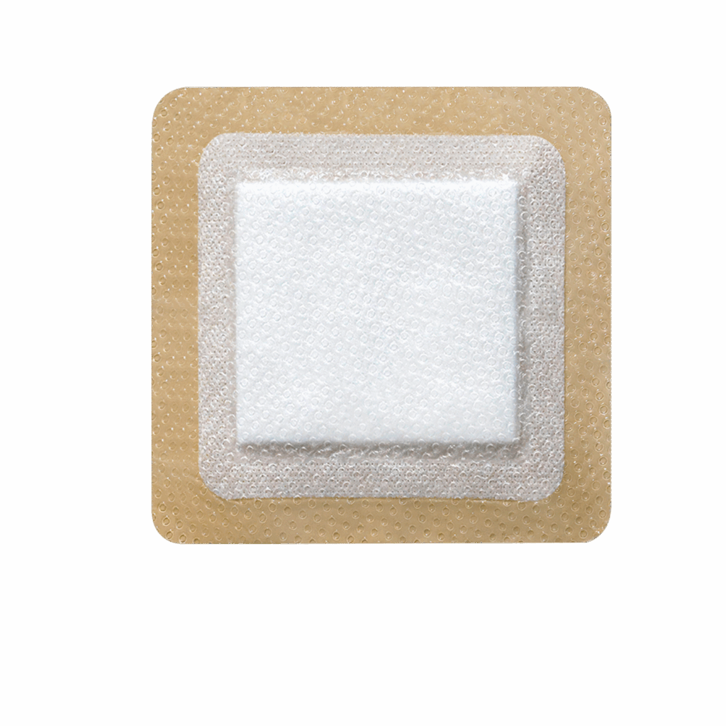 Full view of Super Absorbent Dressing (SAP) with skin-tone silicone adhesive border