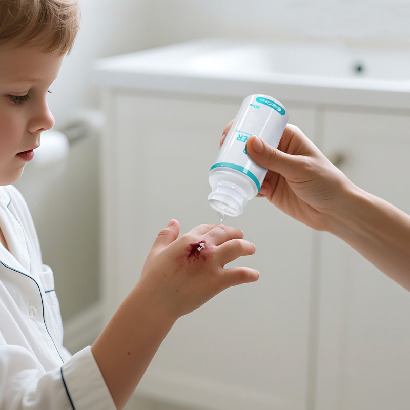 Person using Wound Cleanser spray on a wound, no rinsing needed