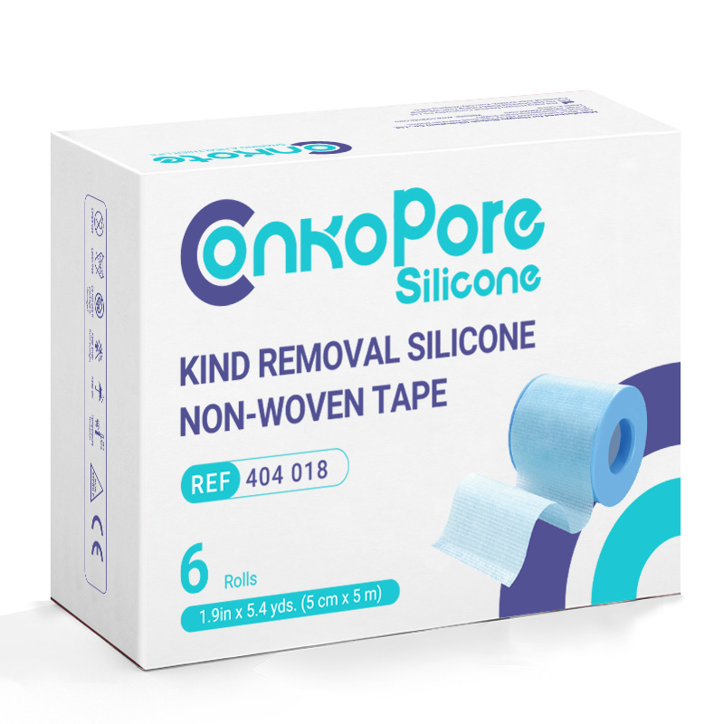 Packaging of Kind Removal Silicone Non-Woven Tape Premium in blue with plus-minus easy tear marks