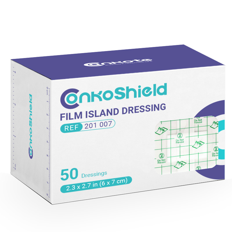 Transparent film island dressing with central absorbent pad for waterproof wound protection