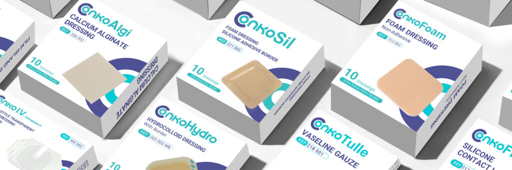 Complete Conkote wound care product lineup including silicone foam, calcium alginate, hydrocolloid, silicone gel dressings and fixation tapes