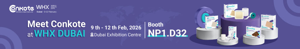 Conkote invitation banner for WHX Dubai 2026 showcasing DIMES wound care portfolio and ConkoAg launch