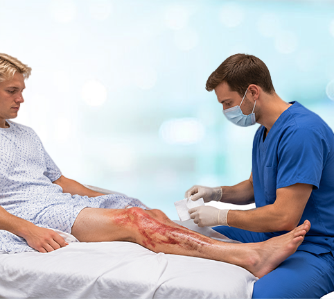 Burn wound assessment showing different levels of skin damage and healing complexity