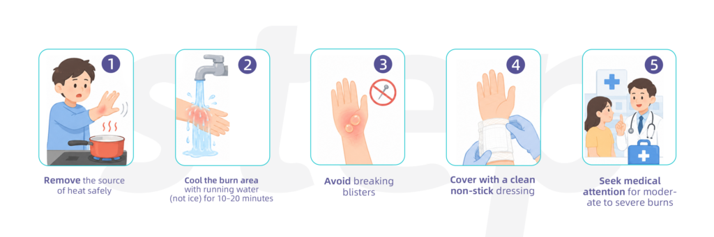 Step-by-step burn first aid guidance showing cooling with water, covering the wound, applying cold compress, and seeking medical attention.