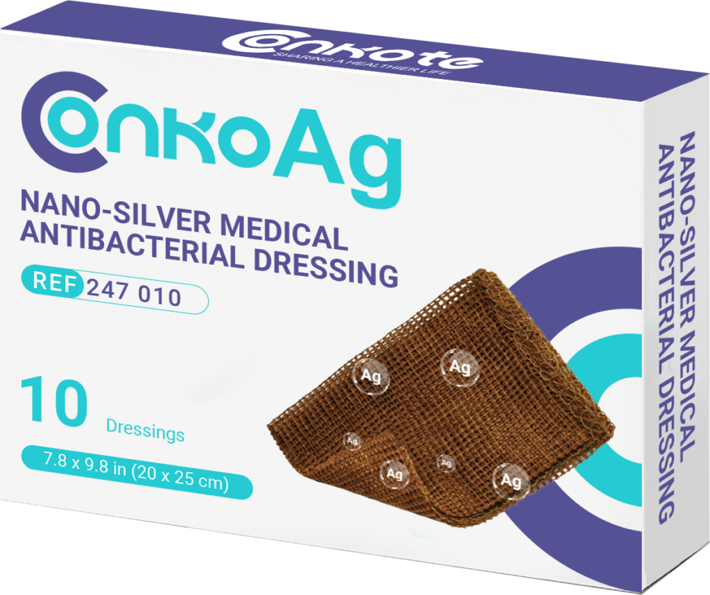 Nano-silver antibacterial dressing applied to a burn wound to support infection management and maintain a moist healing environment.