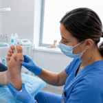 Medical illustration of a diabetic foot ulcer with assessment and management concepts